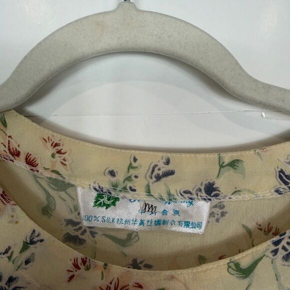 Vintage Silk Floral Blouse Dainty XL Womens Short Sleeve Crew Beck Light Yellow - Picture 2 of 11